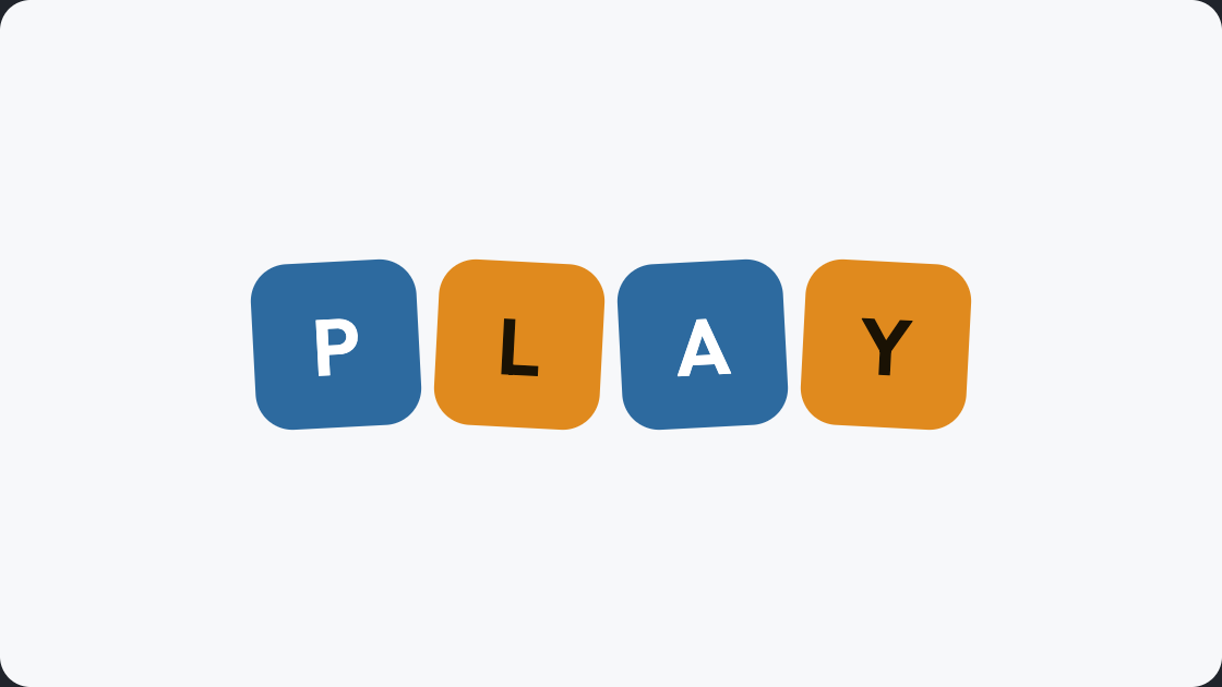 Word games for kids: four tilted tiles spelling PLAY in blue and amber
